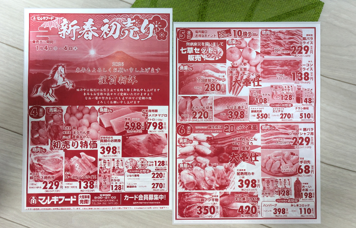 静岡市清水区スーパーマーケット「マルキフードセンター」今週の日替りお買得カレンダー「新春初売り」
